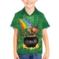 Hawaii Saint Patrick's Day Family Matching Off The Shoulder Long Sleeve Dress and Hawaiian Shirt Funny Leprechaun With Pot Of Gold - Polynesian Tattoo