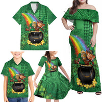 Hawaii Saint Patrick's Day Family Matching Off Shoulder Maxi Dress and Hawaiian Shirt Funny Leprechaun With Pot Of Gold - Polynesian Tattoo