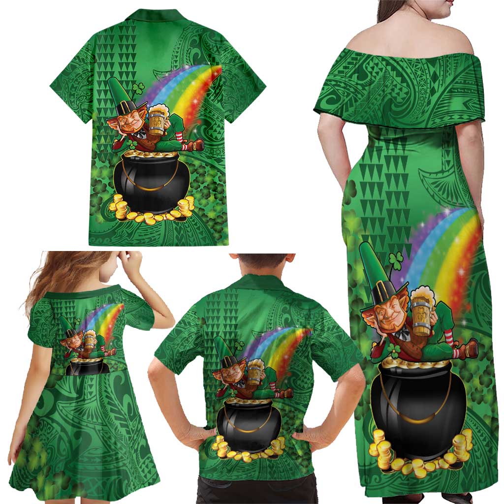 Hawaii Saint Patrick's Day Family Matching Off Shoulder Maxi Dress and Hawaiian Shirt Funny Leprechaun With Pot Of Gold - Polynesian Tattoo
