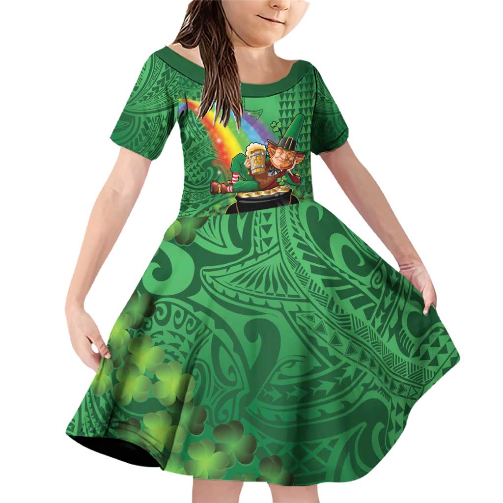 Hawaii Saint Patrick's Day Family Matching Off Shoulder Short Dress and Hawaiian Shirt Funny Leprechaun With Pot Of Gold - Polynesian Tattoo