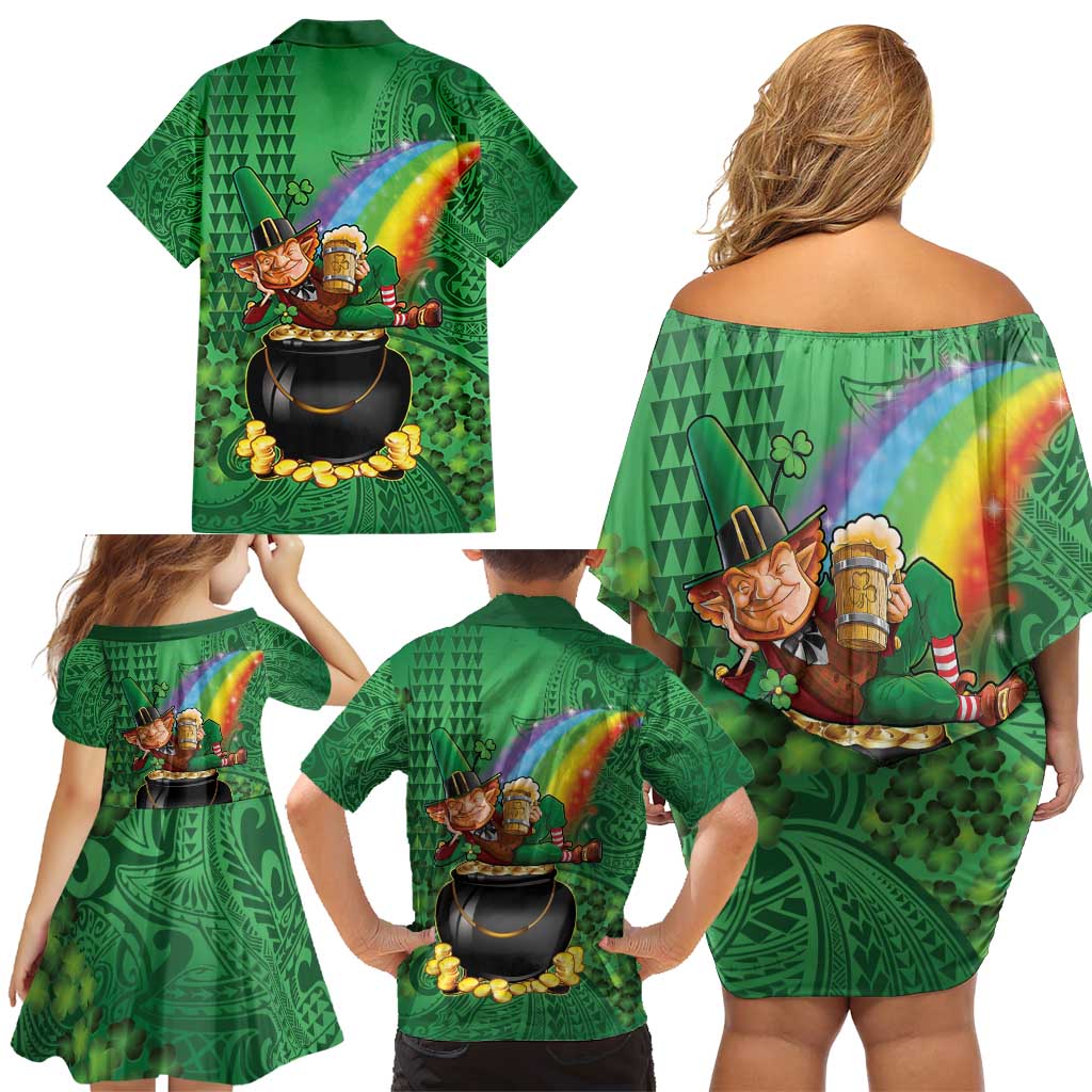Hawaii Saint Patrick's Day Family Matching Off Shoulder Short Dress and Hawaiian Shirt Funny Leprechaun With Pot Of Gold - Polynesian Tattoo