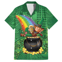 Hawaii Saint Patrick's Day Family Matching Off Shoulder Short Dress and Hawaiian Shirt Funny Leprechaun With Pot Of Gold - Polynesian Tattoo