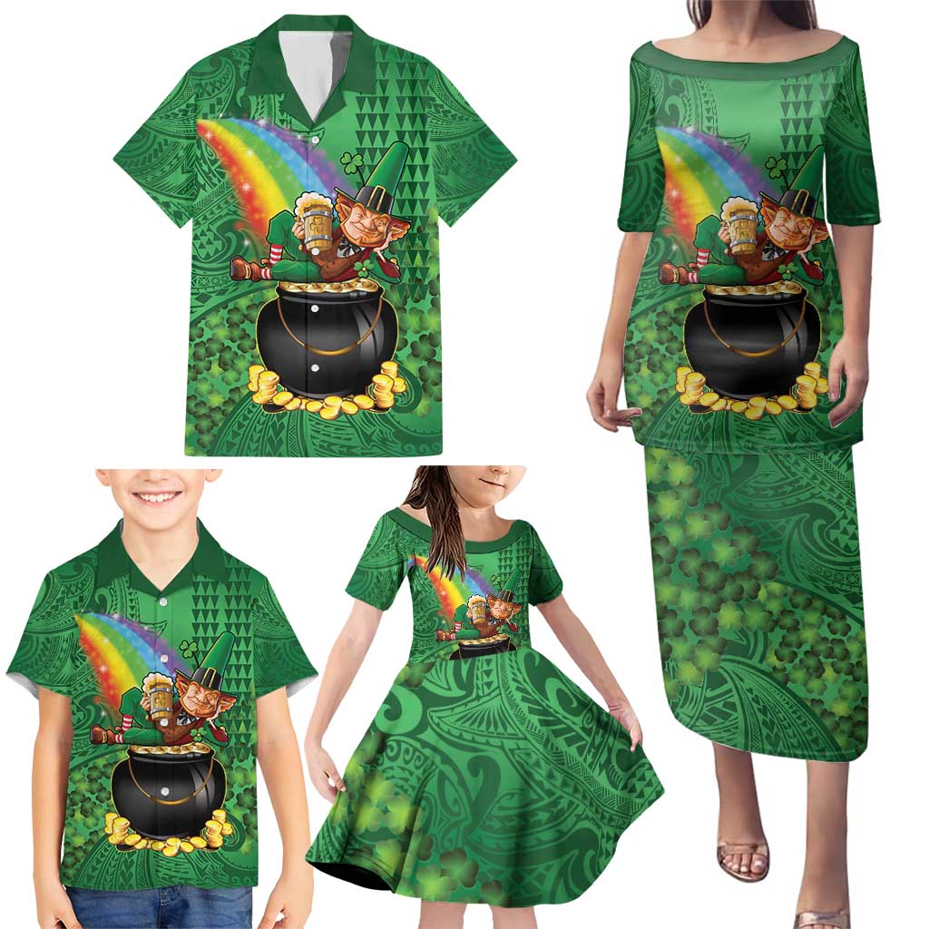 Hawaii Saint Patrick's Day Family Matching Puletasi and Hawaiian Shirt Funny Leprechaun With Pot Of Gold - Polynesian Tattoo
