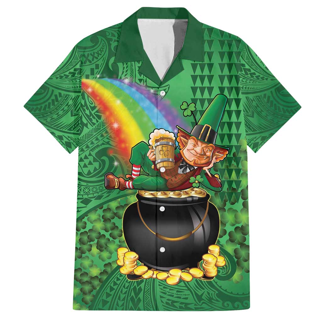 Hawaii Saint Patrick's Day Family Matching Puletasi and Hawaiian Shirt Funny Leprechaun With Pot Of Gold - Polynesian Tattoo