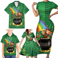 Hawaii Saint Patrick's Day Family Matching Short Sleeve Bodycon Dress and Hawaiian Shirt Funny Leprechaun With Pot Of Gold - Polynesian Tattoo
