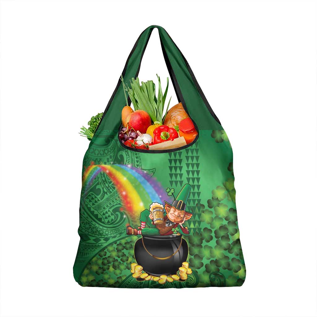 Hawaii Saint Patrick's Day Grocery Bag Funny Leprechaun With Pot Of Gold - Polynesian Tattoo