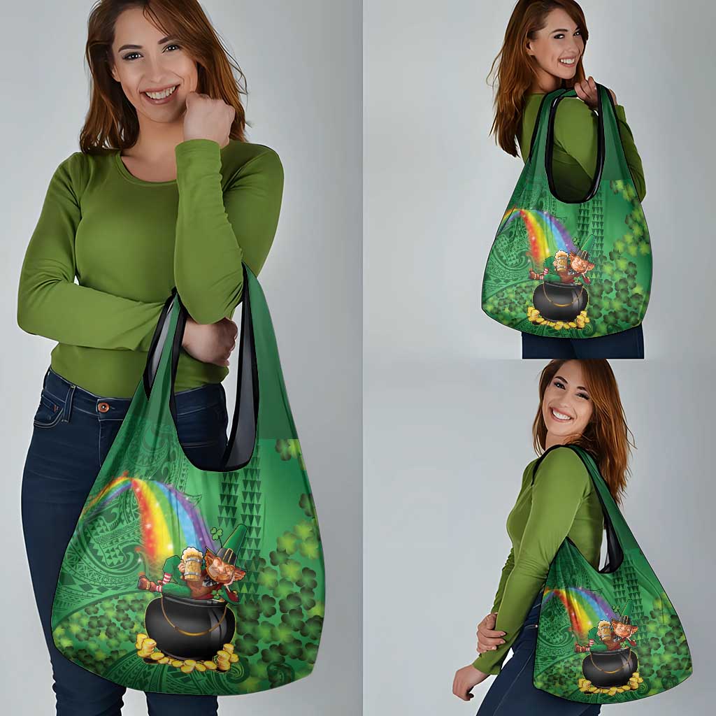 Hawaii Saint Patrick's Day Grocery Bag Funny Leprechaun With Pot Of Gold - Polynesian Tattoo