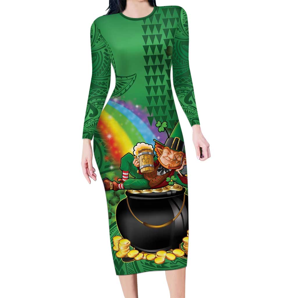 Hawaii Saint Patrick's Day Long Sleeve Bodycon Dress Funny Leprechaun With Pot Of Gold - Polynesian Tattoo