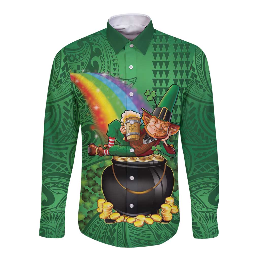 Hawaii Saint Patrick's Day Long Sleeve Button Shirt Funny Leprechaun With Pot Of Gold - Polynesian Tattoo