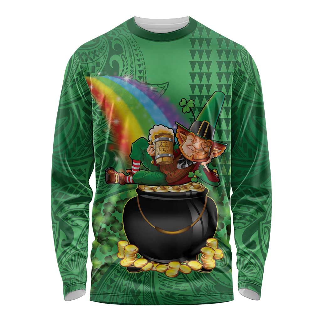 Hawaii Saint Patrick's Day Long Sleeve Shirt Funny Leprechaun With Pot Of Gold - Polynesian Tattoo