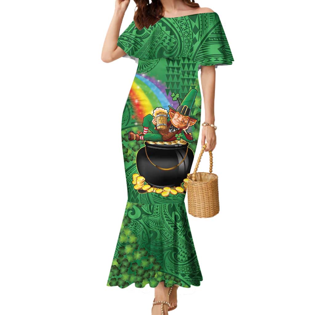 Hawaii Saint Patrick's Day Mermaid Dress Funny Leprechaun With Pot Of Gold - Polynesian Tattoo