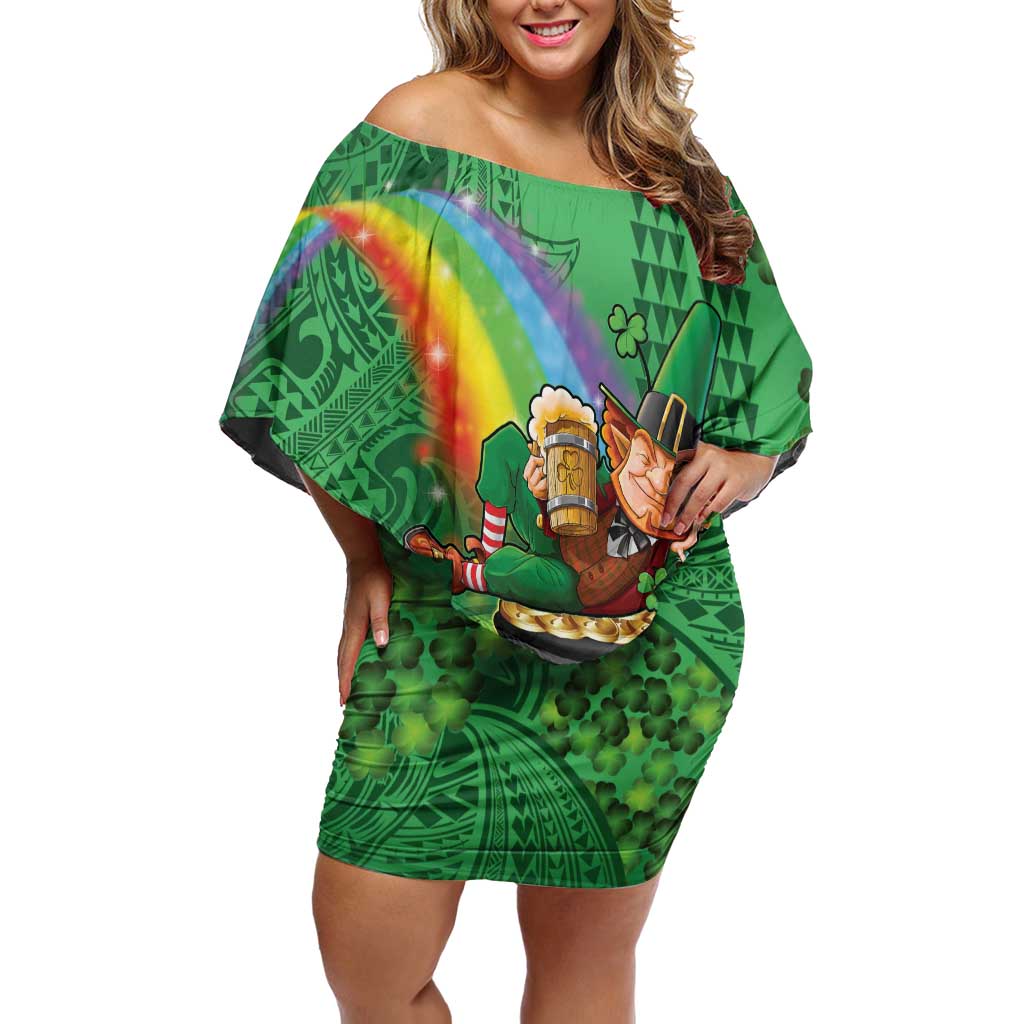 Hawaii Saint Patrick's Day Off Shoulder Short Dress Funny Leprechaun With Pot Of Gold - Polynesian Tattoo