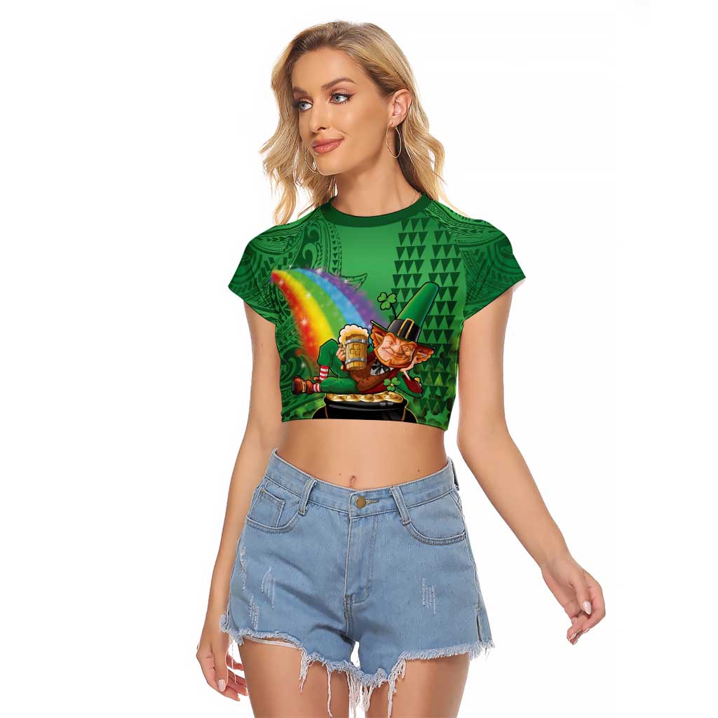 Hawaii Saint Patrick's Day Raglan Cropped T Shirt Funny Leprechaun With Pot Of Gold - Polynesian Tattoo