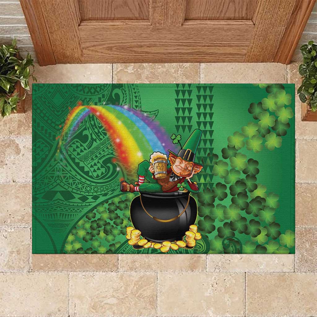 Hawaii Saint Patrick's Day Rubber Doormat Funny Leprechaun With Pot Of Gold - Polynesian Tattoo