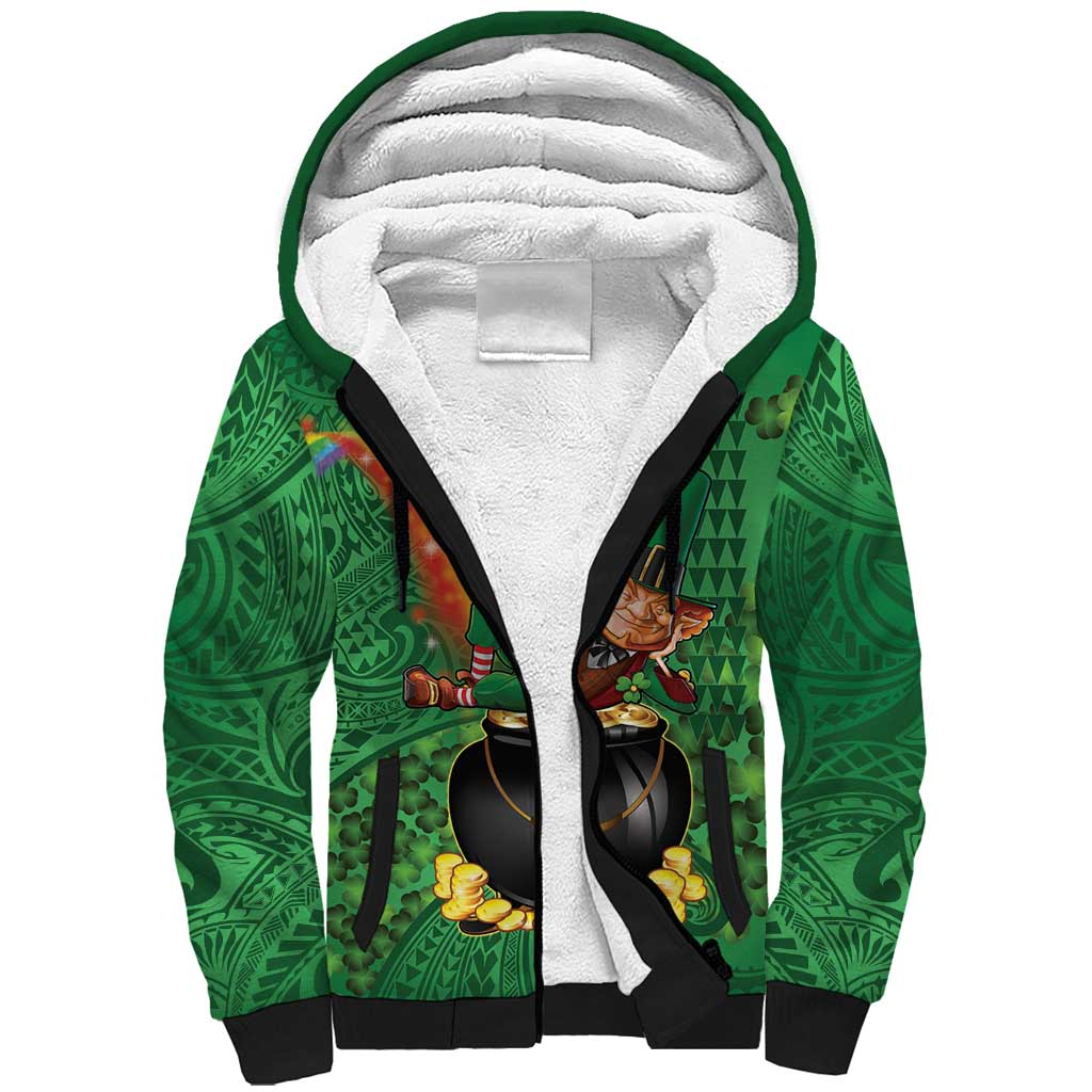 Hawaii Saint Patrick's Day Sherpa Hoodie Funny Leprechaun With Pot Of Gold - Polynesian Tattoo