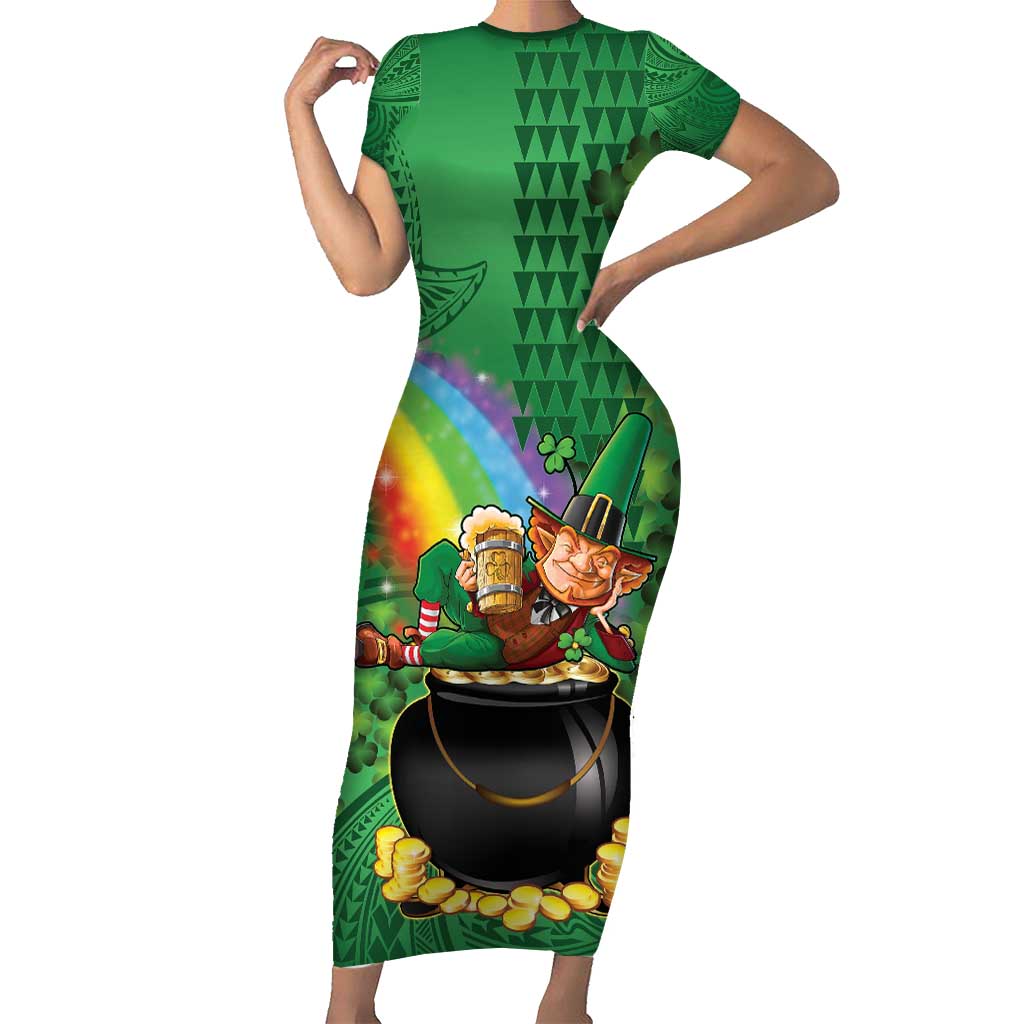 Hawaii Saint Patrick's Day Short Sleeve Bodycon Dress Funny Leprechaun With Pot Of Gold - Polynesian Tattoo