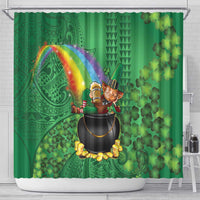 Hawaii Saint Patrick's Day Shower Curtain Funny Leprechaun With Pot Of Gold - Polynesian Tattoo