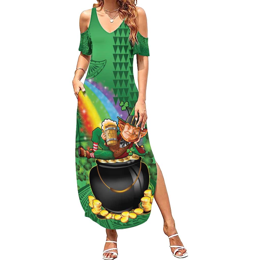 Hawaii Saint Patrick's Day Summer Maxi Dress Funny Leprechaun With Pot Of Gold - Polynesian Tattoo