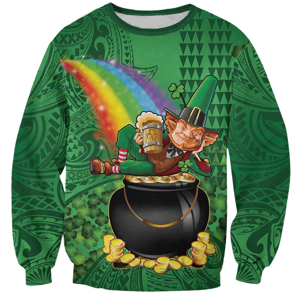 Hawaii Saint Patrick's Day Sweatshirt Funny Leprechaun With Pot Of Gold - Polynesian Tattoo