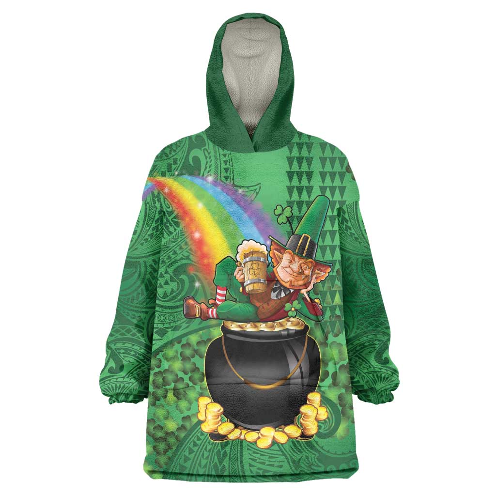 Hawaii Saint Patrick's Day Wearable Blanket Hoodie Funny Leprechaun With Pot Of Gold - Polynesian Tattoo