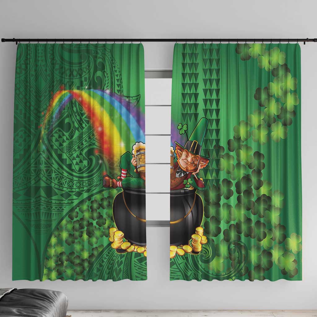 Hawaii Saint Patrick's Day Window Curtain Funny Leprechaun With Pot Of Gold - Polynesian Tattoo