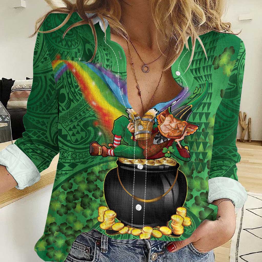 Hawaii Saint Patrick's Day Women Casual Shirt Funny Leprechaun With Pot Of Gold - Polynesian Tattoo