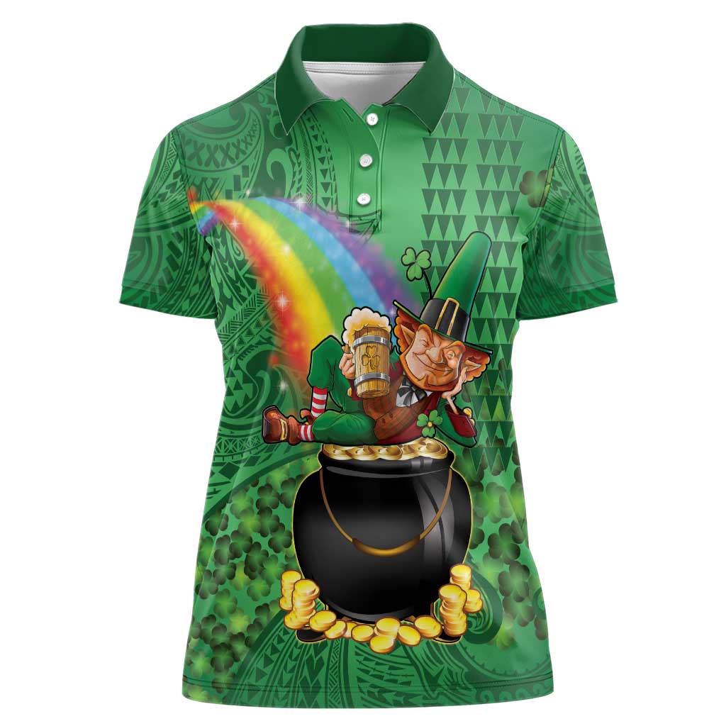 Hawaii Saint Patrick's Day Women Polo Shirt Funny Leprechaun With Pot Of Gold - Polynesian Tattoo