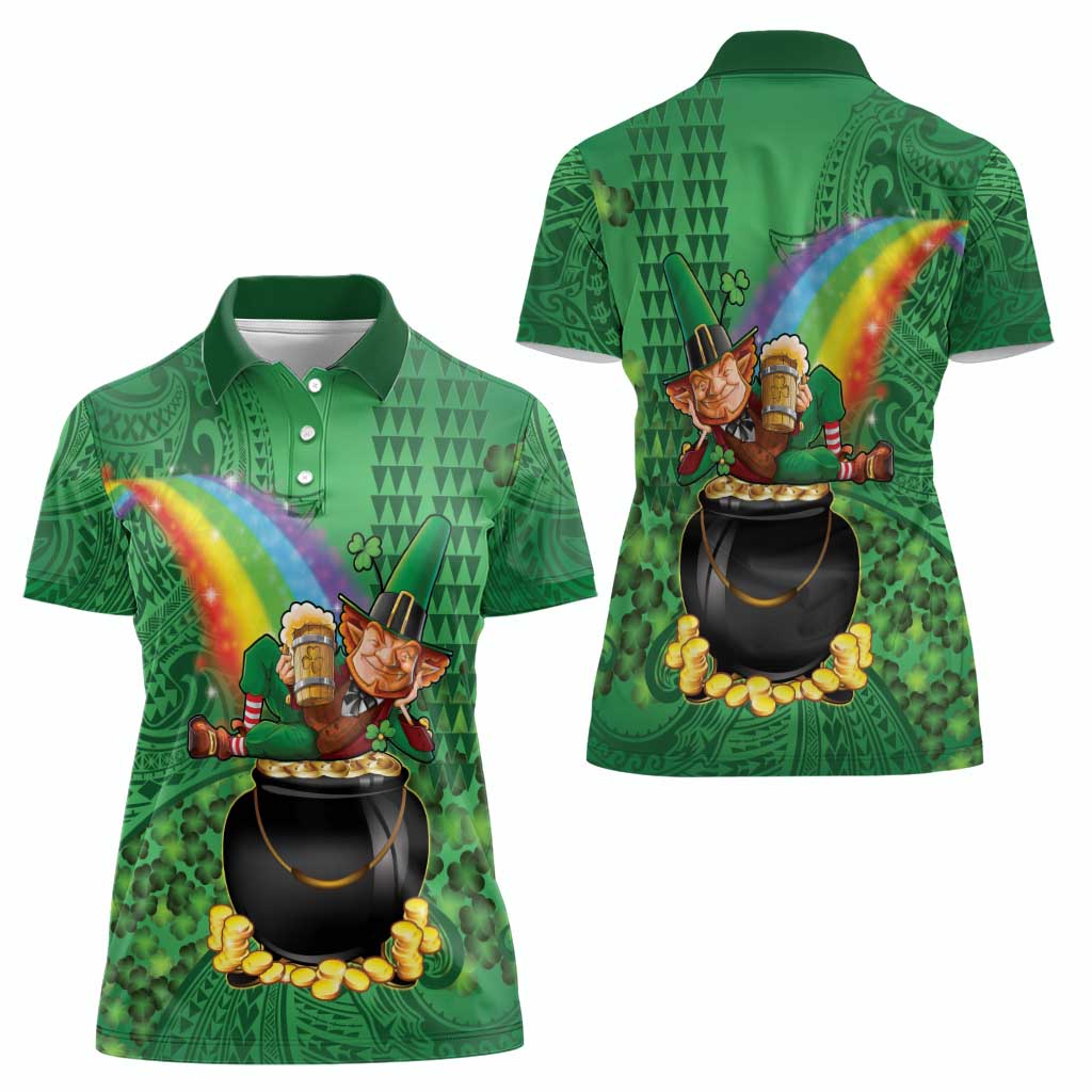 Hawaii Saint Patrick's Day Women Polo Shirt Funny Leprechaun With Pot Of Gold - Polynesian Tattoo LT14 - Polynesian Pride