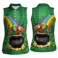 Hawaii Saint Patrick's Day Women Sleeveless Polo Shirt Funny Leprechaun With Pot Of Gold - Polynesian Tattoo LT14 - Polynesian Pride