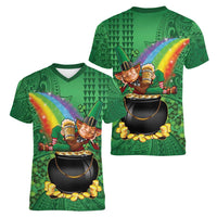 Hawaii Saint Patrick's Day Women V-Neck T-Shirt Funny Leprechaun With Pot Of Gold - Polynesian Tattoo LT14 - Polynesian Pride