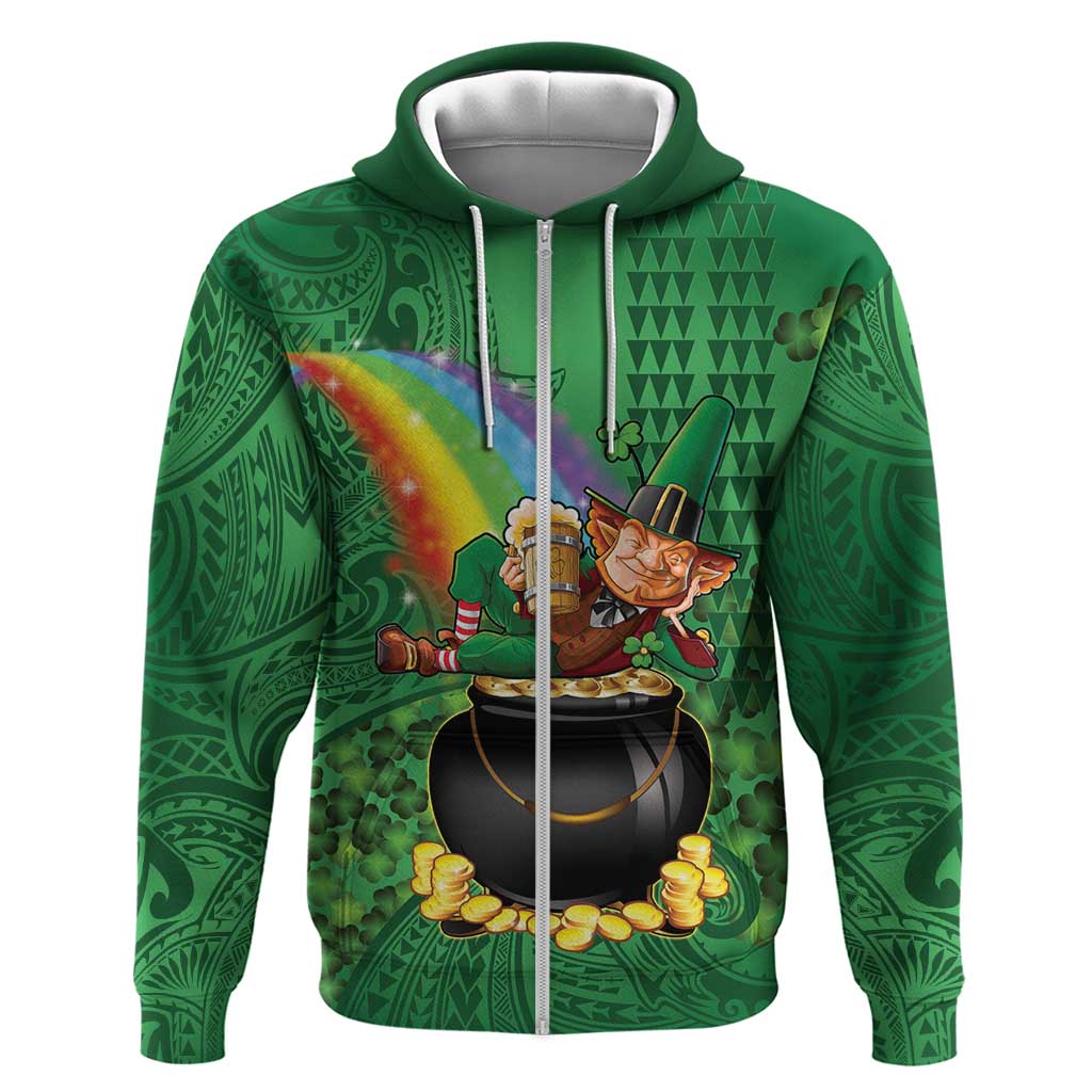 Hawaii Saint Patrick's Day Zip Hoodie Funny Leprechaun With Pot Of Gold - Polynesian Tattoo