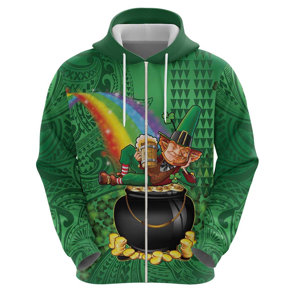 Hawaii Saint Patrick's Day Zip Hoodie Funny Leprechaun With Pot Of Gold - Polynesian Tattoo