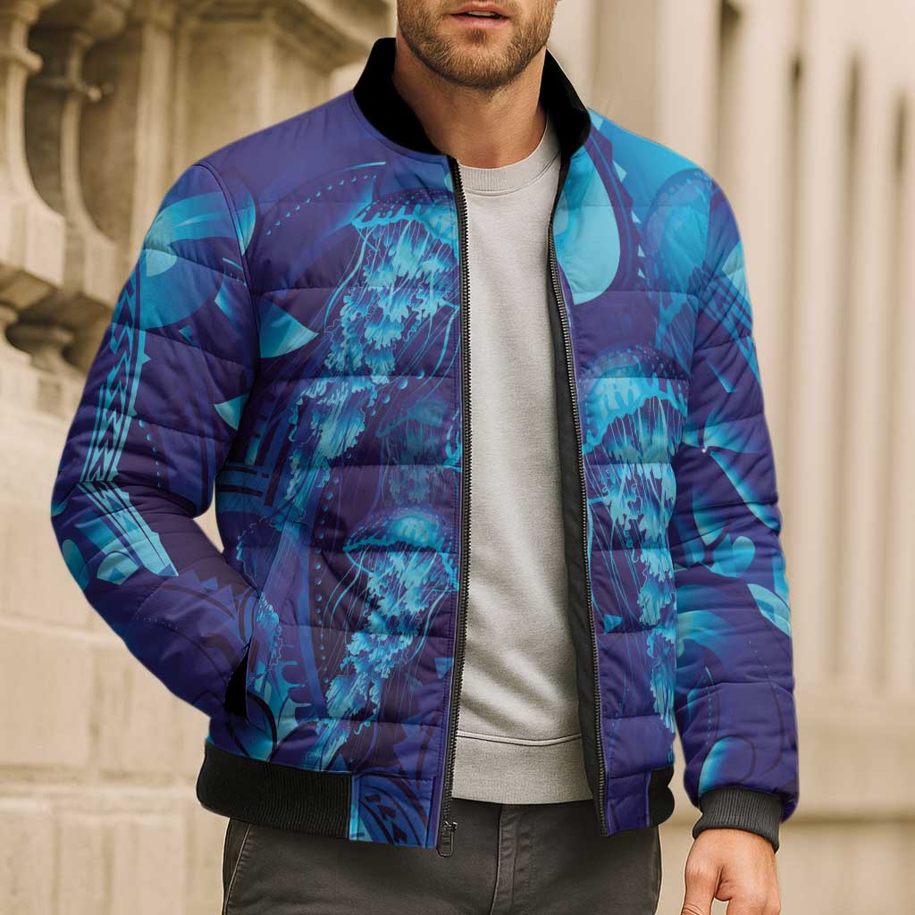 Purple Paradise Polynesia Jellyfish Bomber Puffer Jacket Plumeria Polynesian Tattoo Glowing Vibes