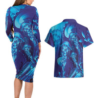 Purple Paradise Polynesia Jellyfish Couples Matching Long Sleeve Bodycon Dress and Hawaiian Shirt Plumeria Polynesian Tattoo Glowing Vibes LT14 - Polynesian Pride