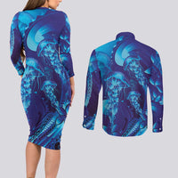 Purple Paradise Polynesia Jellyfish Couples Matching Long Sleeve Bodycon Dress and Long Sleeve Button Shirt Plumeria Polynesian Tattoo Glowing Vibes LT14 - Polynesian Pride