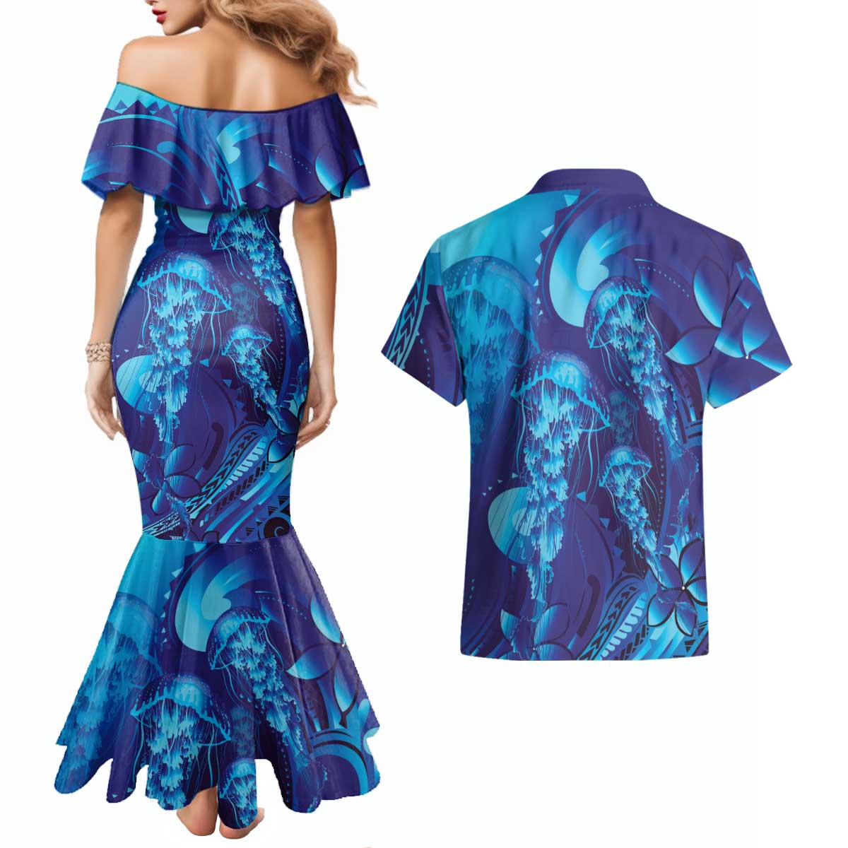 Purple Paradise Polynesia Jellyfish Couples Matching Mermaid Dress and Hawaiian Shirt Plumeria Polynesian Tattoo Glowing Vibes LT14 - Polynesian Pride