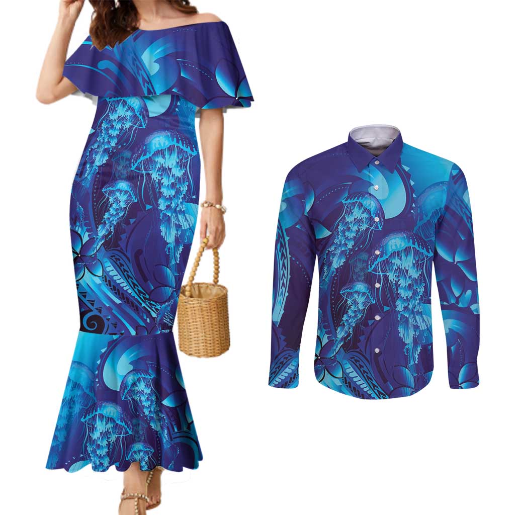 Purple Paradise Polynesia Jellyfish Couples Matching Mermaid Dress and Long Sleeve Button Shirt Plumeria Polynesian Tattoo Glowing Vibes LT14 Purple - Polynesian Pride