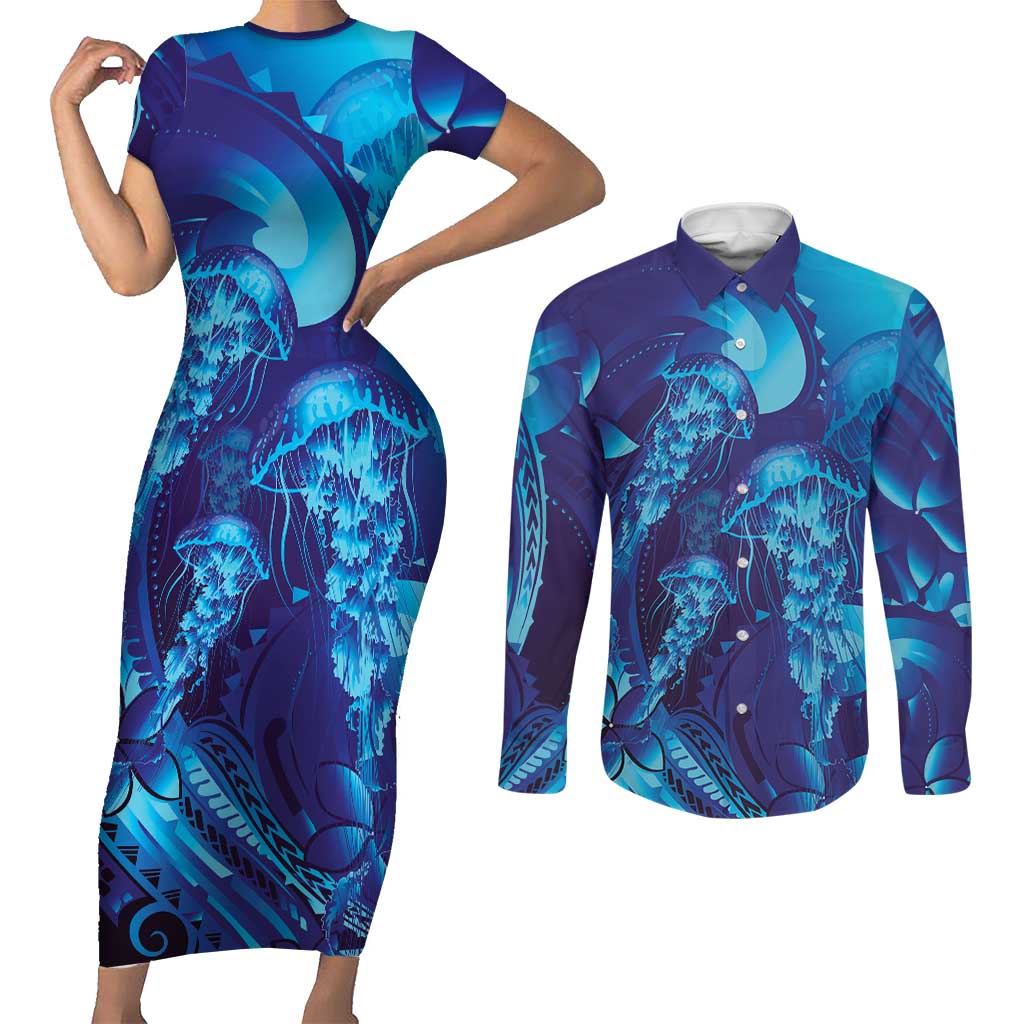 Purple Paradise Polynesia Jellyfish Couples Matching Short Sleeve Bodycon Dress and Long Sleeve Button Shirt Plumeria Polynesian Tattoo Glowing Vibes LT14 Purple - Polynesian Pride