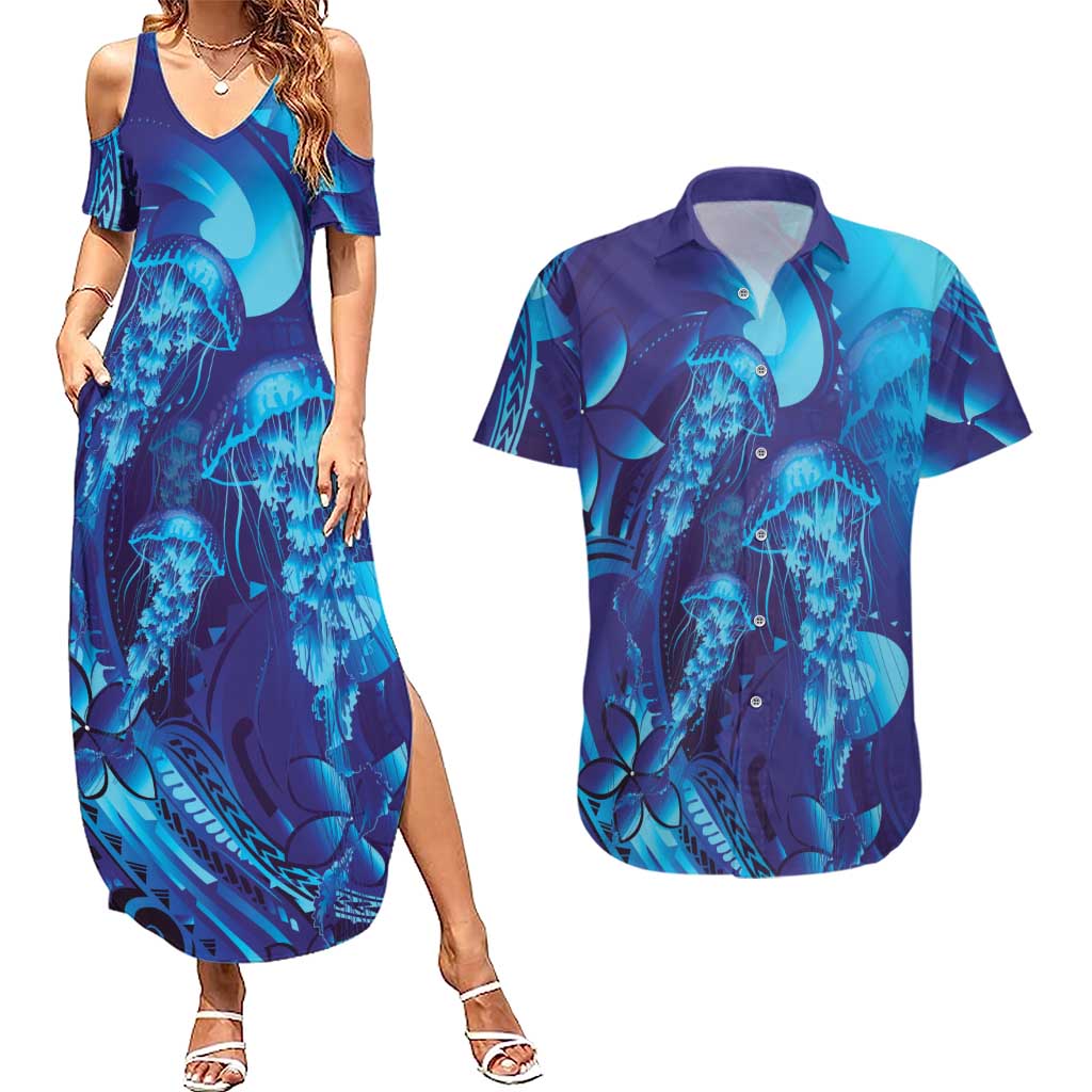 Purple Paradise Polynesia Jellyfish Couples Matching Summer Maxi Dress and Hawaiian Shirt Plumeria Polynesian Tattoo Glowing Vibes