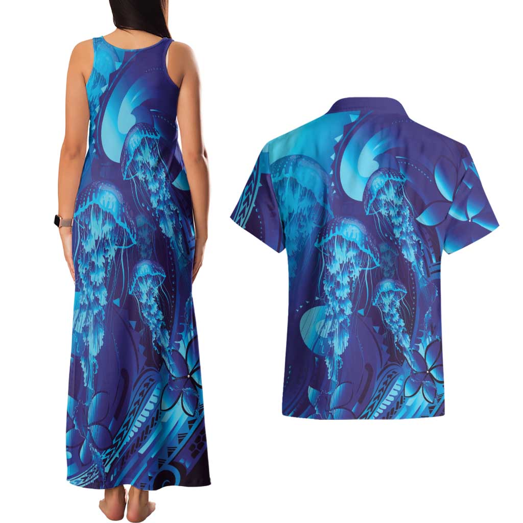 Purple Paradise Polynesia Jellyfish Couples Matching Tank Maxi Dress and Hawaiian Shirt Plumeria Polynesian Tattoo Glowing Vibes LT14 - Polynesian Pride
