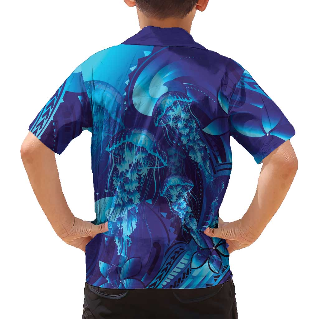 Purple Paradise Polynesia Jellyfish Family Matching Off The Shoulder Long Sleeve Dress and Hawaiian Shirt Plumeria Polynesian Tattoo Glowing Vibes LT14 - Polynesian Pride