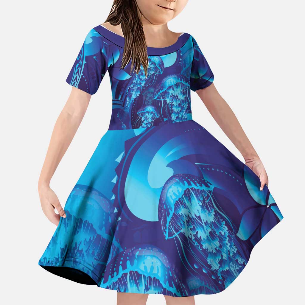 Purple Paradise Polynesia Jellyfish Family Matching Off Shoulder Maxi Dress and Hawaiian Shirt Plumeria Polynesian Tattoo Glowing Vibes LT14 Daughter's Dress Purple - Polynesian Pride