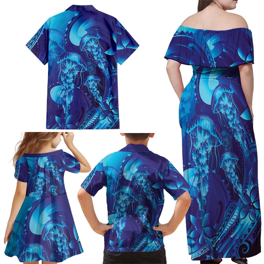 Purple Paradise Polynesia Jellyfish Family Matching Off Shoulder Maxi Dress and Hawaiian Shirt Plumeria Polynesian Tattoo Glowing Vibes LT14 - Polynesian Pride