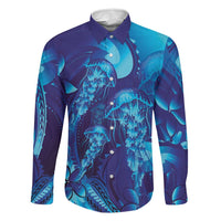 Purple Paradise Polynesia Jellyfish Family Matching Off Shoulder Maxi Dress and Hawaiian Shirt Plumeria Polynesian Tattoo Glowing Vibes LT14 Dad's Shirt - Long Sleeve Purple - Polynesian Pride