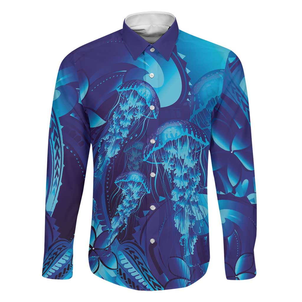 Purple Paradise Polynesia Jellyfish Family Matching Off Shoulder Short Dress and Hawaiian Shirt Plumeria Polynesian Tattoo Glowing Vibes LT14 Dad's Shirt - Long Sleeve Purple - Polynesian Pride