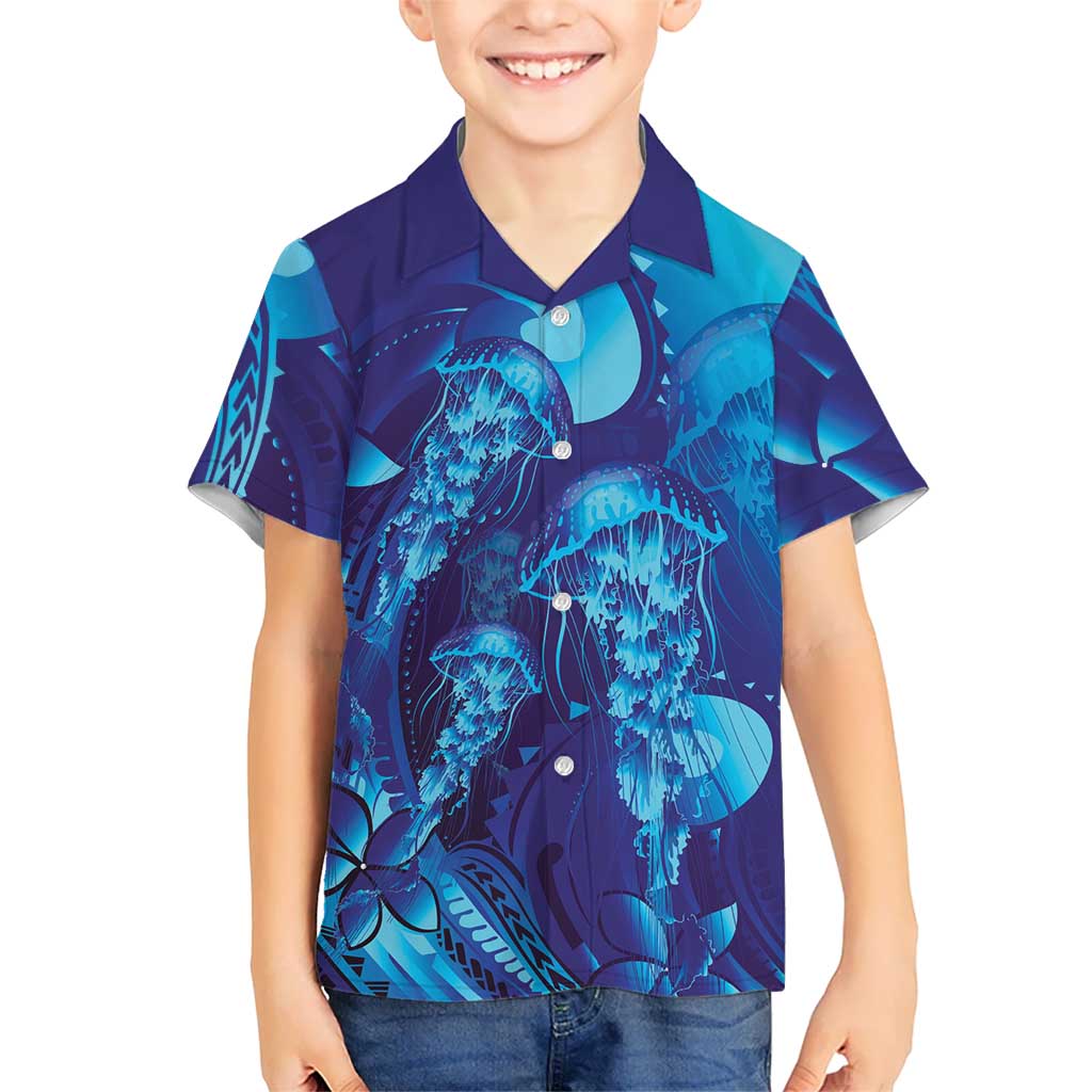 Purple Paradise Polynesia Jellyfish Family Matching Off Shoulder Short Dress and Hawaiian Shirt Plumeria Polynesian Tattoo Glowing Vibes LT14 Son's Shirt Purple - Polynesian Pride