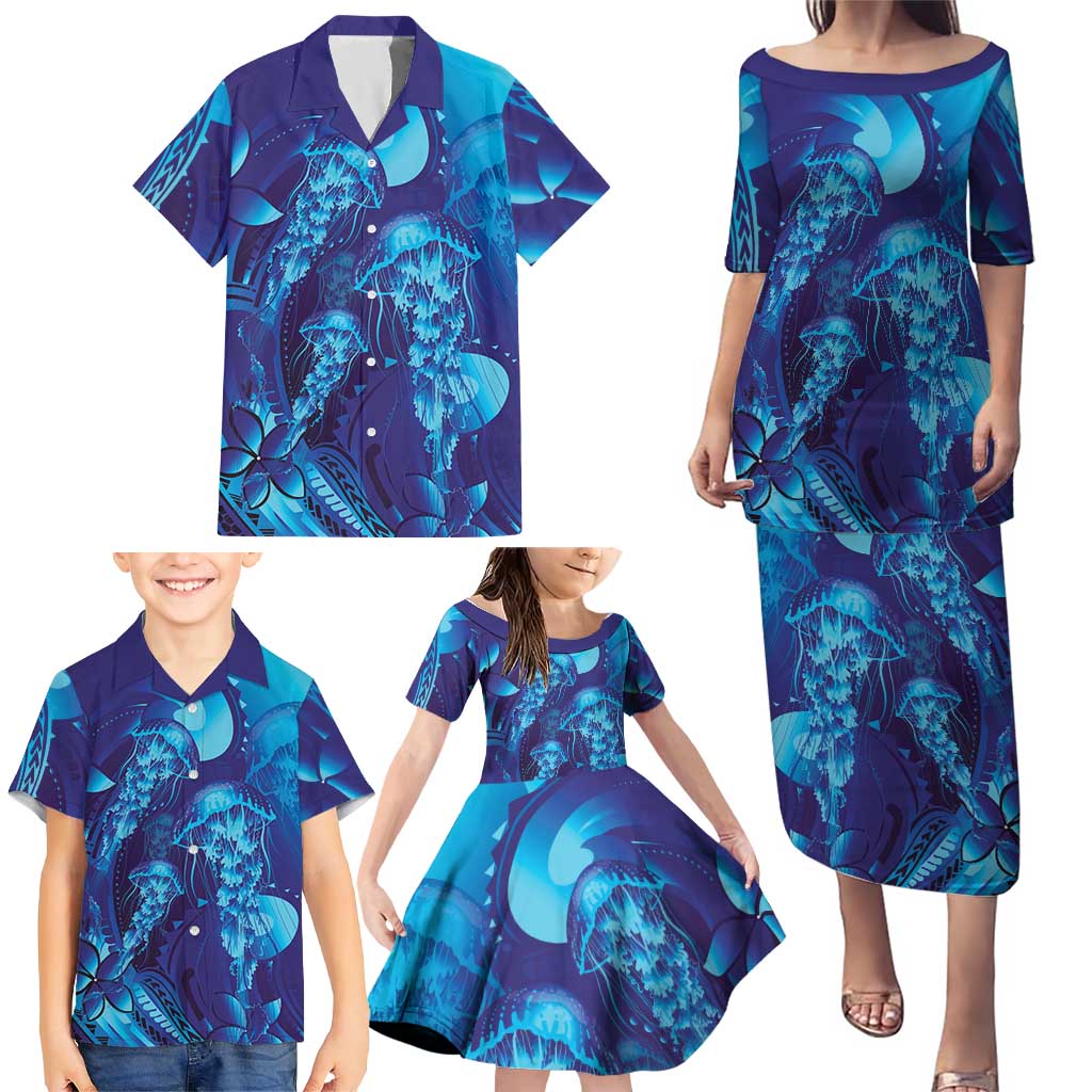 Purple Paradise Polynesia Jellyfish Family Matching Puletasi and Hawaiian Shirt Plumeria Polynesian Tattoo Glowing Vibes LT14 - Polynesian Pride