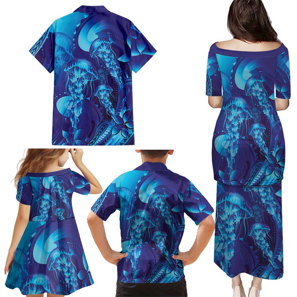 Purple Paradise Polynesia Jellyfish Family Matching Puletasi and Hawaiian Shirt Plumeria Polynesian Tattoo Glowing Vibes LT14 - Polynesian Pride