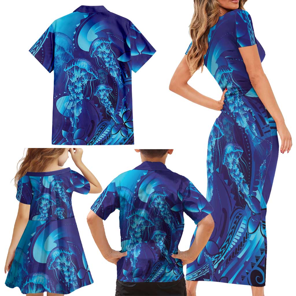 Purple Paradise Polynesia Jellyfish Family Matching Short Sleeve Bodycon Dress and Hawaiian Shirt Plumeria Polynesian Tattoo Glowing Vibes LT14 - Polynesian Pride