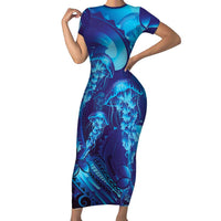 Purple Paradise Polynesia Jellyfish Family Matching Short Sleeve Bodycon Dress and Hawaiian Shirt Plumeria Polynesian Tattoo Glowing Vibes LT14 Mom's Dress Purple - Polynesian Pride